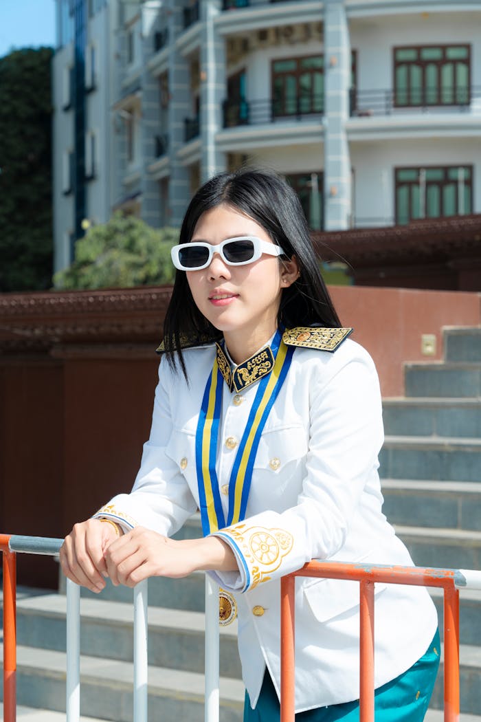 embark Elegant young woman in white uniform and sunglasses at an outdoor graduation setting.
